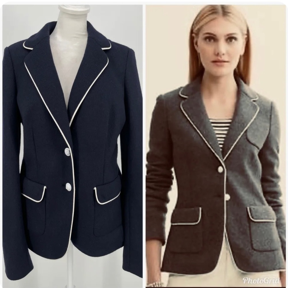 Banana republic dark navy blue white trim nautical equestrian style knit blazer